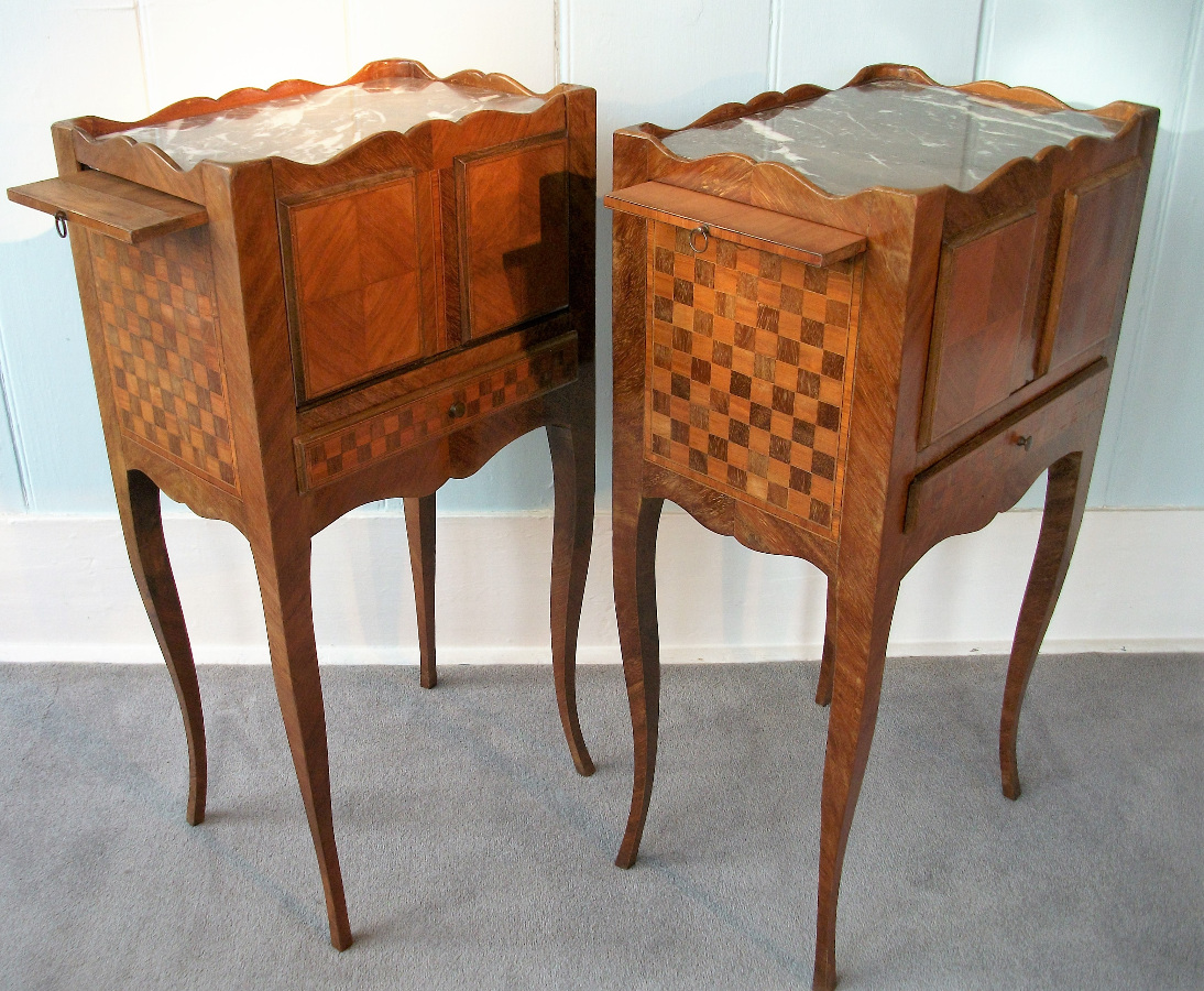 Pair of French Louis XVI style marquetry bedside cabinets